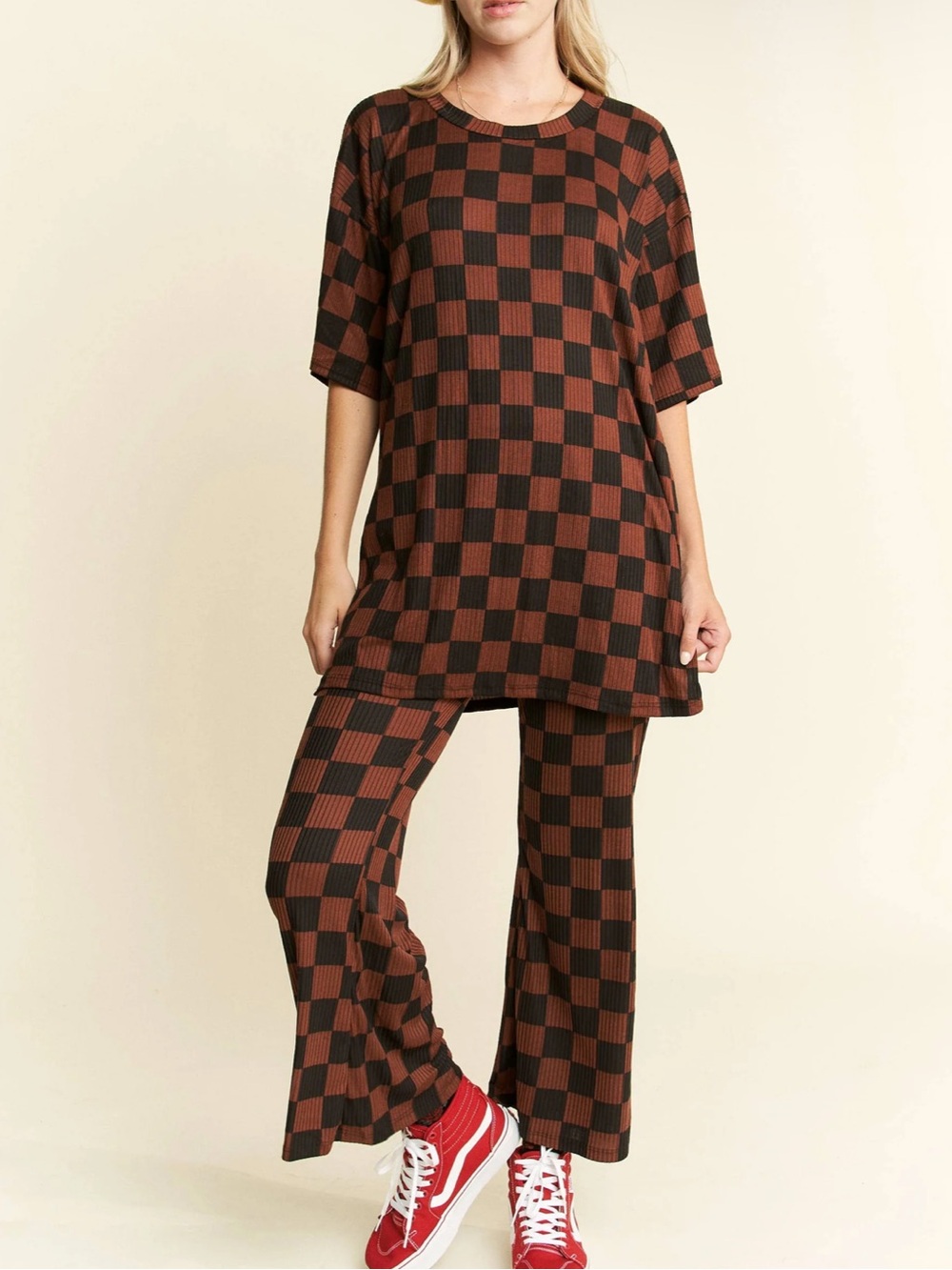 NEW! Checked Ribbed Knit Two-Piece Pants Set - Brown/Black